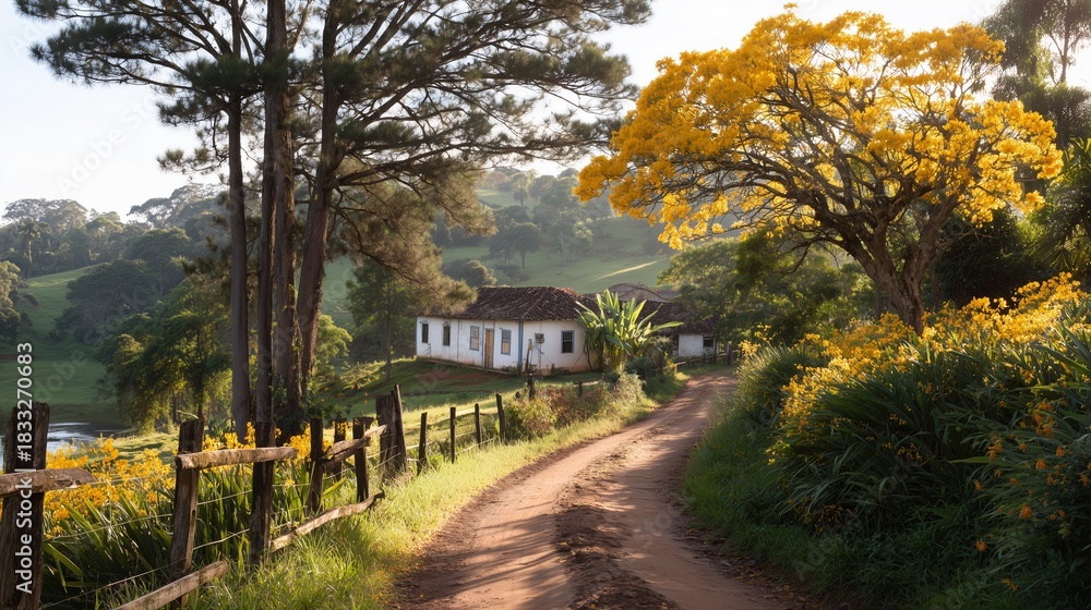 Fototapeta premium Scenic countryside road with a beautiful yellow tree and rustic house in the morning light