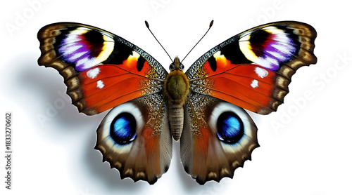 Colorful peacock butterfly with detailed wings spread wide showing vibrant patterns and eye spots, isolated on white background