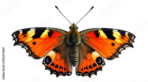 Small tortoiseshell butterfly with vibrant orange and black wings spread wide, showing detailed patterns and textures on white background