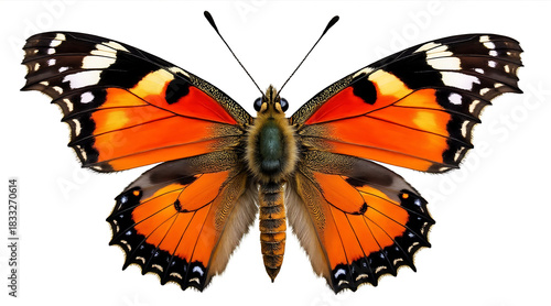 Colorful butterfly with orange, black, and white wings spread wide, showing detailed patterns and textures in close up view