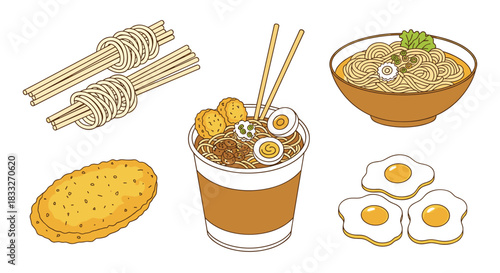 A colorful illustration showcasing a variety of popular Japanese and Asian-inspired food items, including ramen, fried chicken, and eggs.