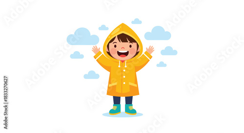 A cheerful young child joyfully embraces the rainy weather while wearing a bright yellow raincoat and blue boots, surrounded by fluffy clouds.
