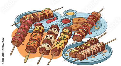 A colorful assortment of grilled meat skewers with various toppings and dipping sauces presented on plates, creating a tempting food display.