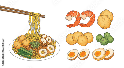 A vibrant illustration of a bowl of Malaysian Hokkien mee with various toppings including prawns, fish balls, and eggs, presented with individual ingredients alongside it.