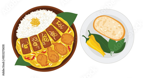 A vibrant illustration of Japanese curry rice with fried and fish cakes, accompanied by a side of pickled radish and chili peppers.
