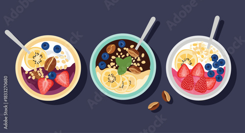 Three colorful and healthy breakfast bowls with fresh fruit, granola, and yogurt arranged in a flat lay style, offering a vibrant and nutritious start to the day.