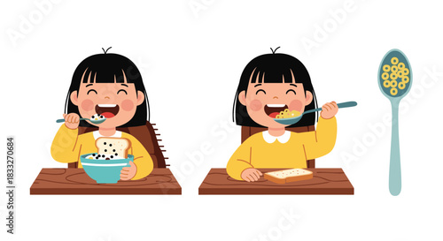 A cheerful young girl happily enjoys a breakfast of cereal and toast at a wooden table, radiating joy and healthy eating habits.