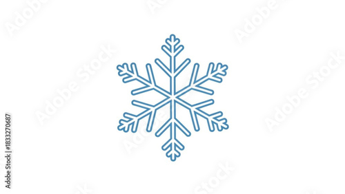 A simple blue outline of a classic six pointed snowflake against a clean white background symbolizing winter and cold weather