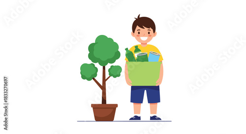 A cheerful young boy holds a recycling bin filled with plastic bottles and cans next to a potted plant, promoting environmental responsibility and sustainability.