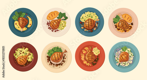 A colorful collection of gourmet chicken drumstick meals presented on various plates, showcasing diverse side dishes and culinary arrangements.