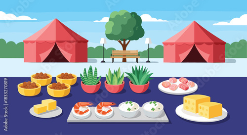 Outdoor buffet spread with various foods and red tents in a park setting, perfect for events and celebrations.