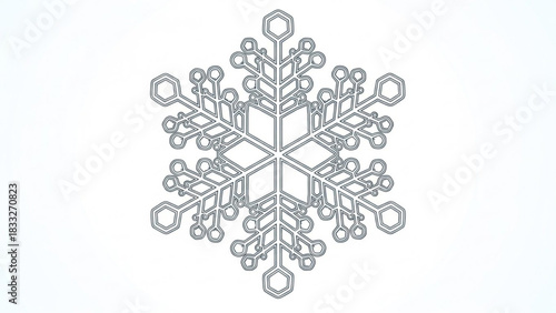 Intricate geometric snowflake outline design with hexagonal symmetry on a clean white background representing winter and cold weather