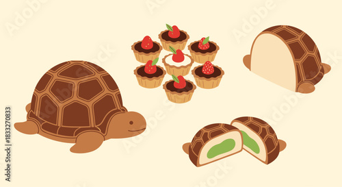 Charming illustration of a turtle alongside various turtle-shaped sweets including tarts and mochi, creating a delightful and whimsical scene.