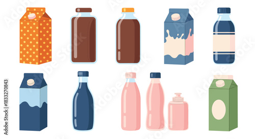 Colorful assortment of beverage containers including milk cartons, glass bottles, and juice boxes in various shapes and shades, isolated on white.