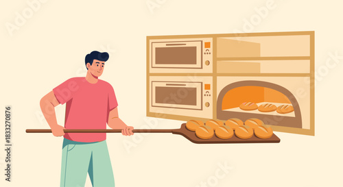 A smiling baker carefully slides a tray of golden-brown bread into a large commercial oven, showcasing the art of traditional baking and fresh loaves.