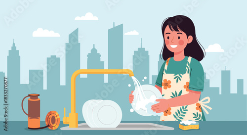 A cheerful young woman happily washes dishes at a kitchen sink overlooking a cityscape, representing domestic life and everyday chores.