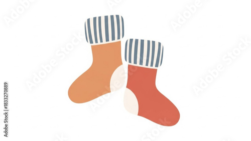 Two cozy colorful socks with striped cuffs one orange and one red displayed on a clean white background perfect for winter and holiday themes