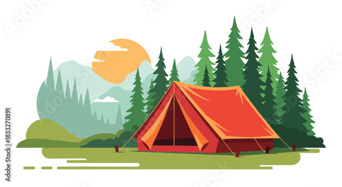 A vibrant illustration depicts a red camping tent set up in a lush forest with mountains and a warm sunset in the background, evoking a sense of adventure and tranquility.