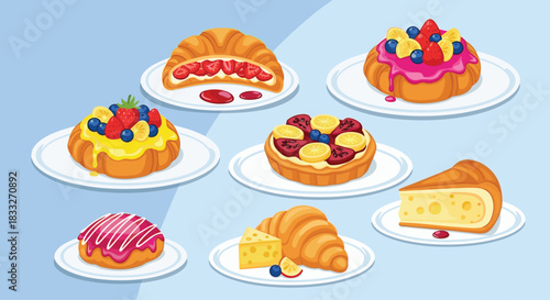 A delightful assortment of freshly baked pastries and fruit tarts presented on individual white plates, perfect for a sweet treat or breakfast indulgence.