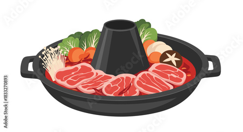 A vibrant illustration of a japanese hot pot meal with thinly sliced beef, fresh vegetables, and a simmering red broth in a black pot, perfect for a cozy dinner.