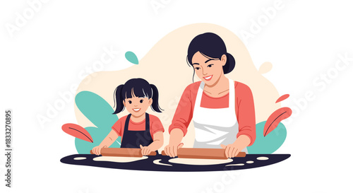 A cheerful mother and daughter are happily baking together, rolling out dough on a kitchen counter, creating a warm and loving family moment.