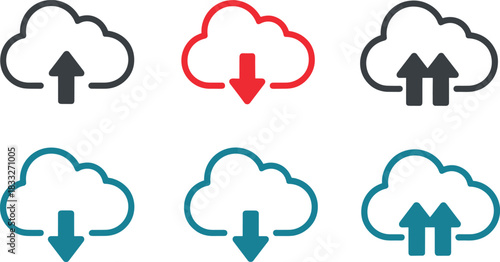 Cloud computing vector icons for data upload, download, and synchronization operations