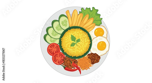 A vibrant and colorful plate of nasi lemak, a traditional Malaysian dish, featuring fragrant rice, fried chicken, vegetables, and a fried egg, presented beautifully.