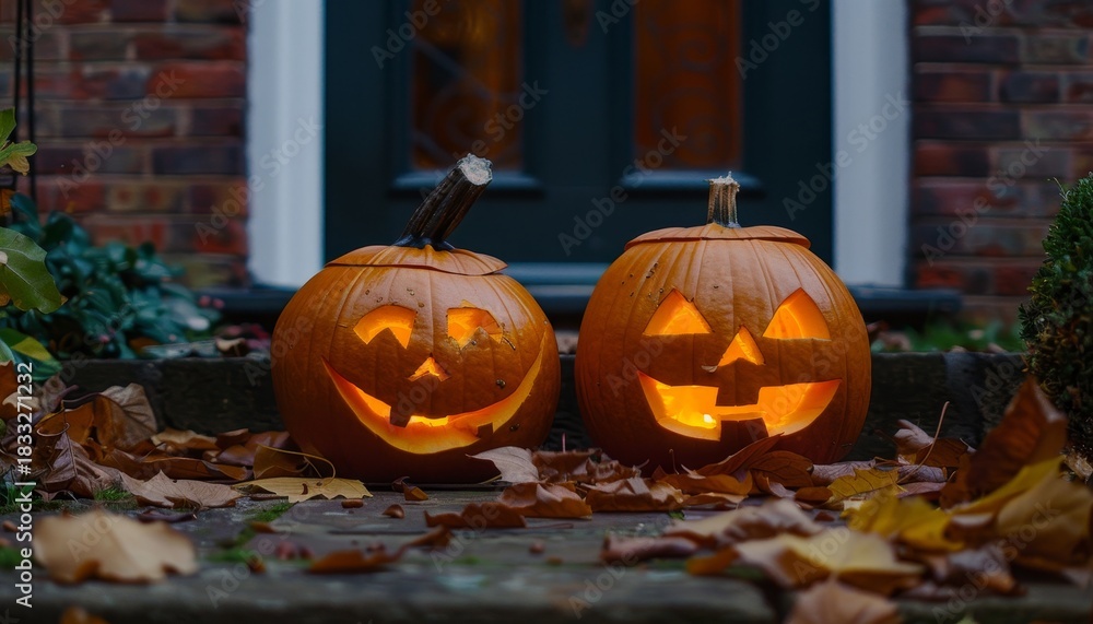 Fototapeta premium Spooky halloween evening with glowing jack o lanterns on the doorstep in atmospheric lighting