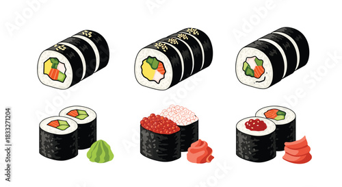 A colorful assortment of Japanese sushi rolls, including maki and nigiri, presented with wasabi and ginger, showcasing traditional cuisine.