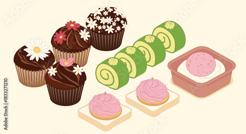 A delightful assortment of sweet treats including cupcakes, swiss rolls, and a pink dessert in a rectangular container, perfect for a bakery display or celebration.