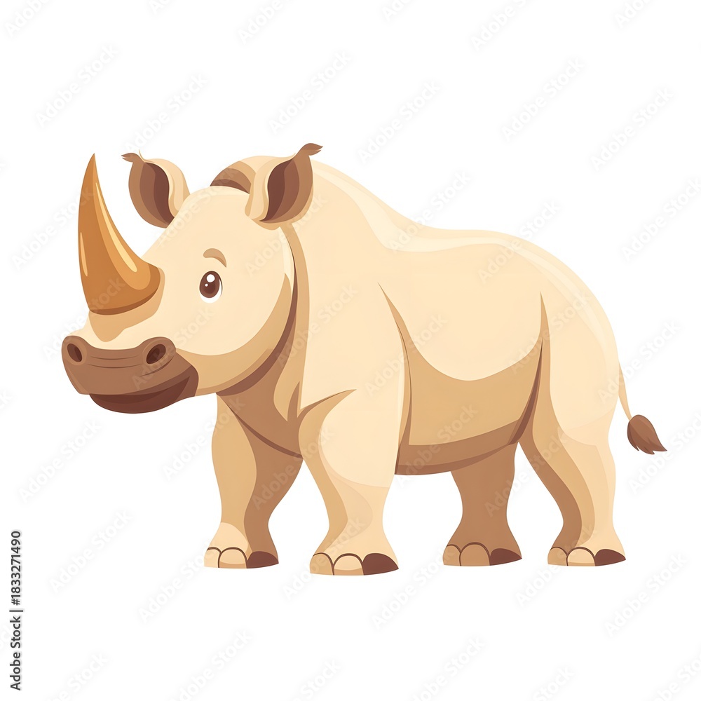 Naklejka premium Cartoon illustration depicts a stout, light-colored rhinoceros standing in profile against a white background.