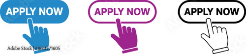 Apply now button set with pointer hand clicking, job application and registration icon