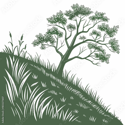 Stylized green tree silhouette with lush grass and reeds on a white background representing nature and growth