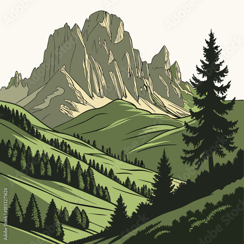 Majestic jagged mountain peaks tower over lush green rolling hills and dense pine forests under a clear sky