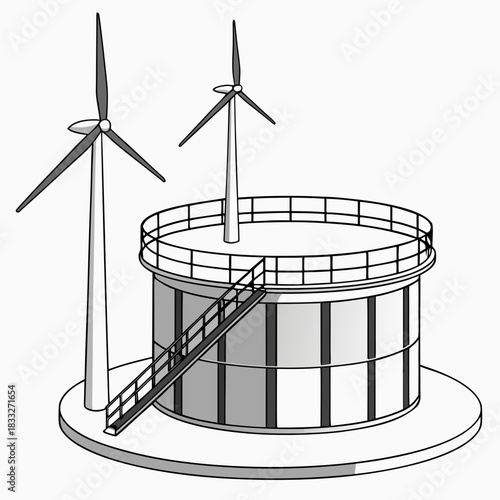 Illustration of a large industrial storage tank with a railing and stairs next to two wind turbines generating clean energy