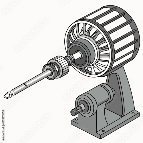 Detailed isometric illustration of a mechanical component assembly with a rotating shaft and fan blades on a stand