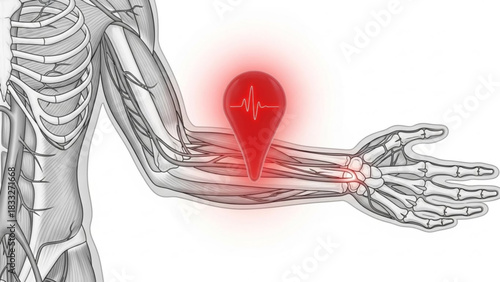 Illustration of human anatomy with a red marker indicating a pulse point on the forearm and hand