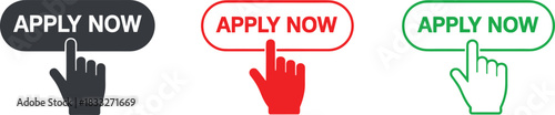 Apply now button icons with clicking hand cursors in different colors for web design