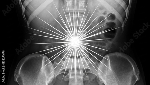 Radiant light over an x ray of the human pelvis and abdomen with visible bones and internal organs