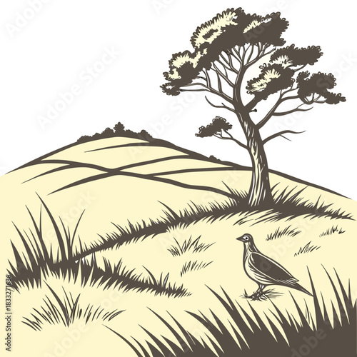 Stylized illustration of a lone bird standing in tall grass on a rolling hill under a solitary tree