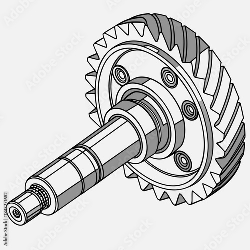 Detailed isometric illustration of a spiral bevel gear and shaft assembly with bearings and splines on a plain background