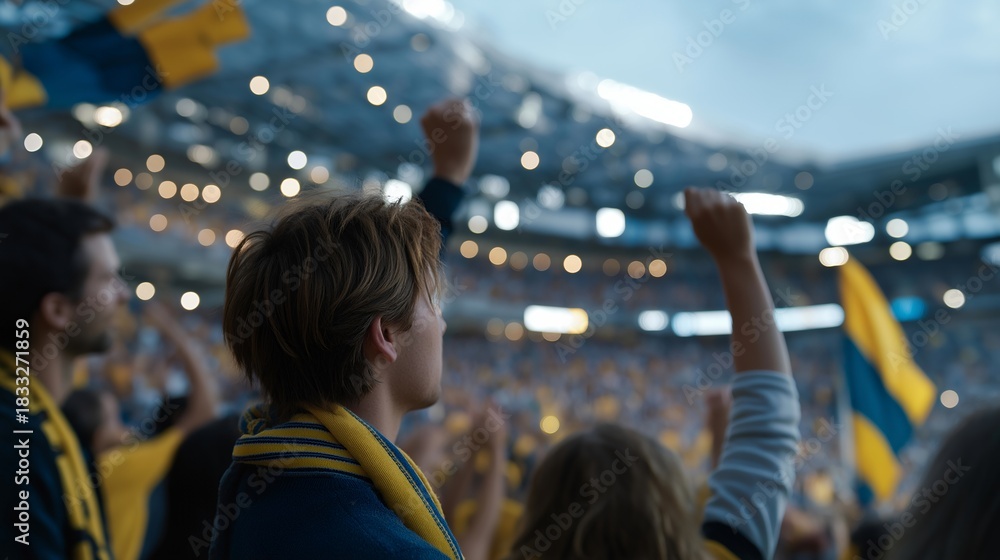 Naklejka premium A vibrant fan zone packed with supporters wearing team colors, giant LED screens streaming the match as people wave scarves and flags under bright stadium lights — high-energy sports atmosphere,