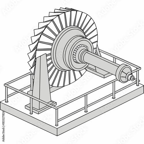 Detailed isometric illustration of a large industrial turbine engine with blades and shaft on a platform
