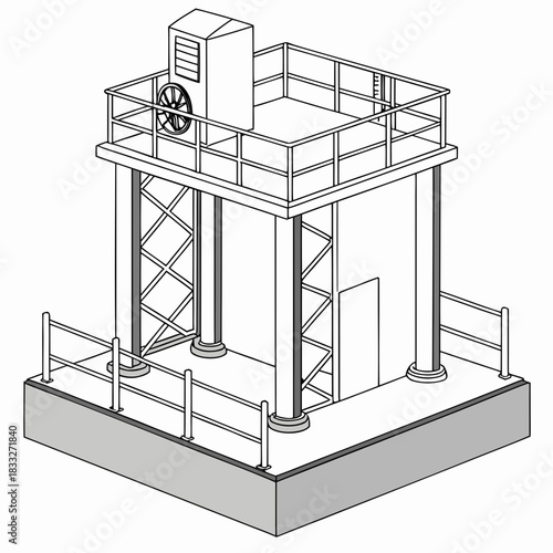 Isometric illustration of a modern industrial structure with a rooftop air conditioning unit and railings on a white background
