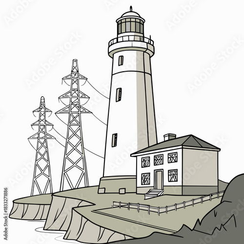 A lighthouse and adjacent keeper s house stand on a cliff overlooking the ocean with power lines and transmission towers nearby