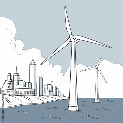 Offshore wind turbines generate clean energy near a modern city skyline on a cloudy day