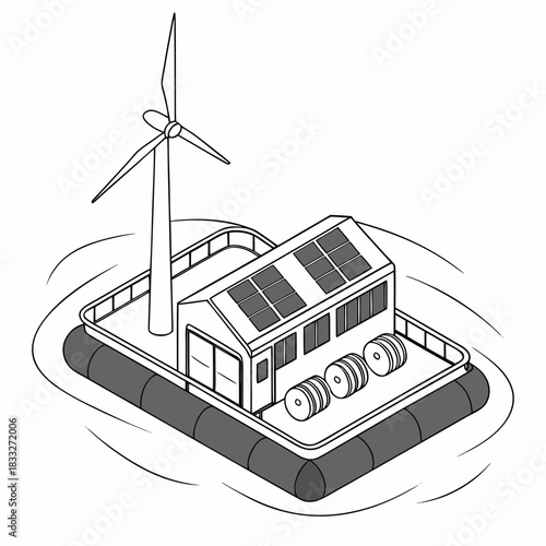 Modern floating house powered by renewable energy sources including solar panels and wind turbine