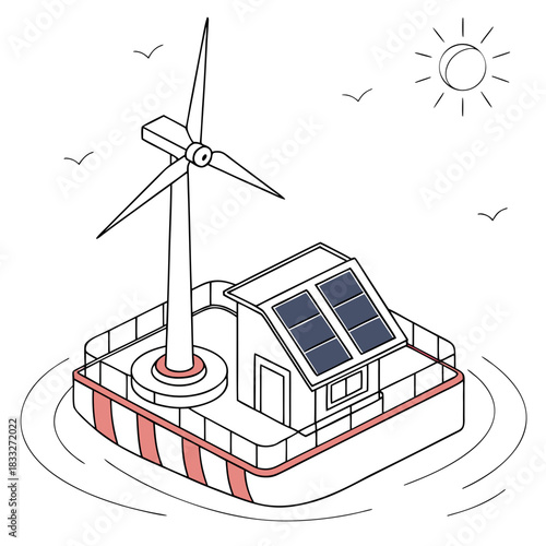 Floating house powered by wind turbine and solar panels in the ocean with sun and birds