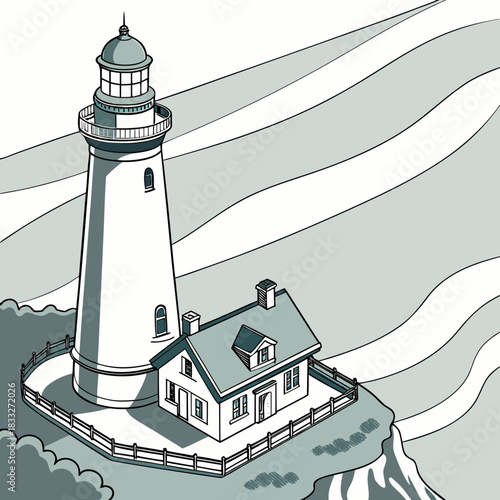 A classic white lighthouse stands tall on a cliff next to a quaint keeper s house with a fence