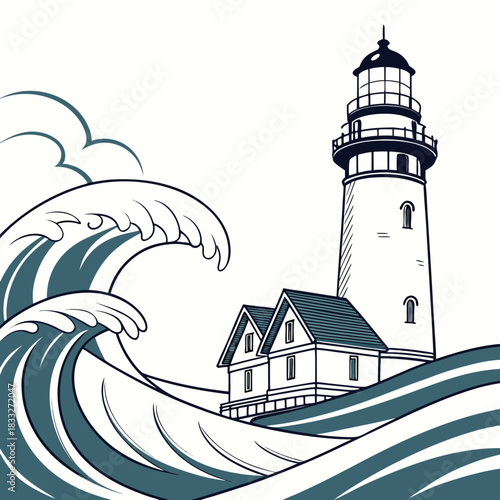 Dramatic ocean waves crash against a lighthouse and coastal cottages on a stormy seashore